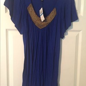 New with tags blue top with gold beading